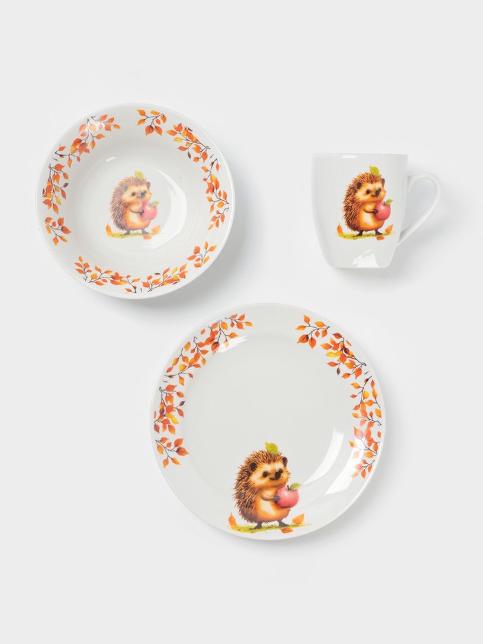 Набор детской посуды Дулевский фарфор «Ёжик», 3 предмета: тарелка 175 мл, миска 360 мл, кружка 210 мл, белый