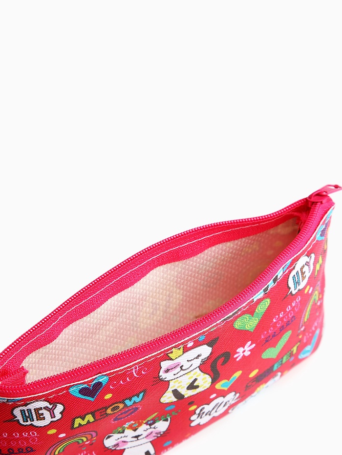 Косметичка - пенал «Кошечки», на молнии, плоская, маленькая, с рисунком, красная