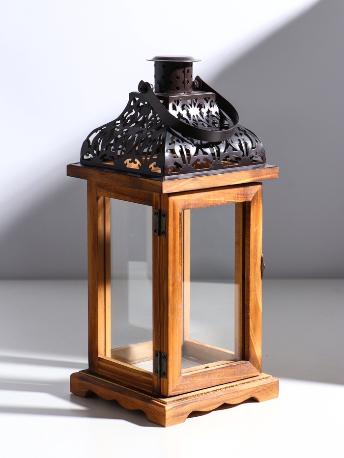 Деревянный подсвечник-фонарь на 1 свечу «Срезной крышей», т. коричневый, 33×14.5×14.5 см