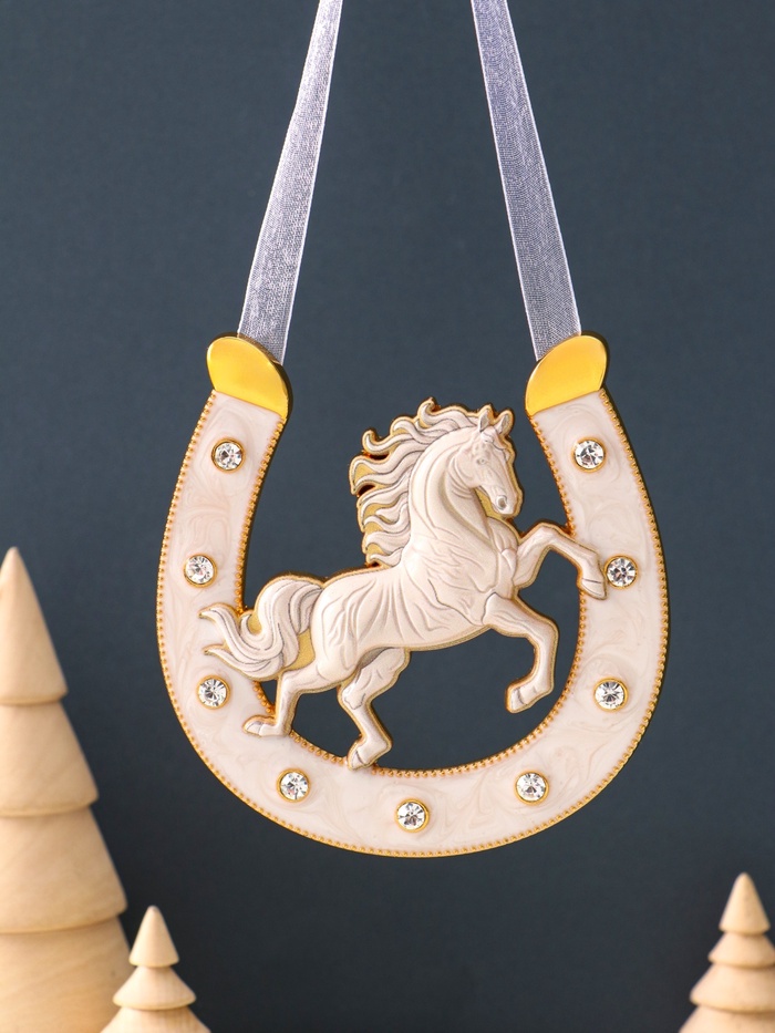 Подкова-оберег «Лошадь белая», панно на стену, 10.5×10.5×0.05 см, эмаль, стразы