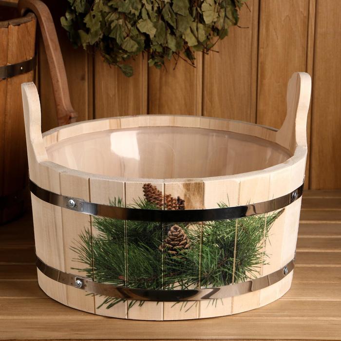 Шайка - таз для бани и сауны «Еловая ветка», 10 л, липа, пластиковая вставка, «Добропаровъ»
