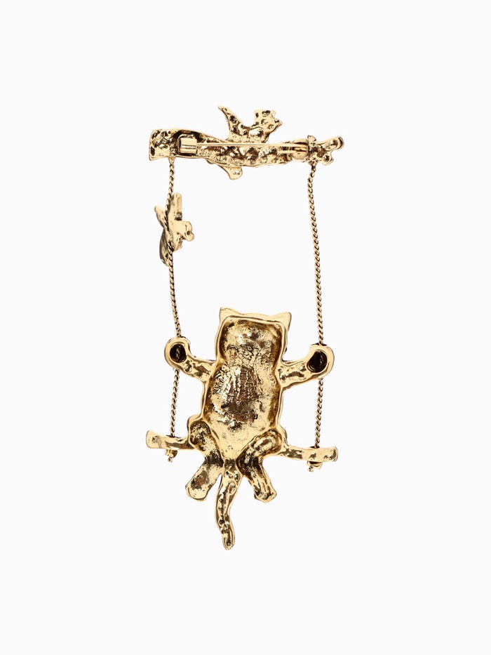 Брошь «Кот на качелях», цвет чернёное золото