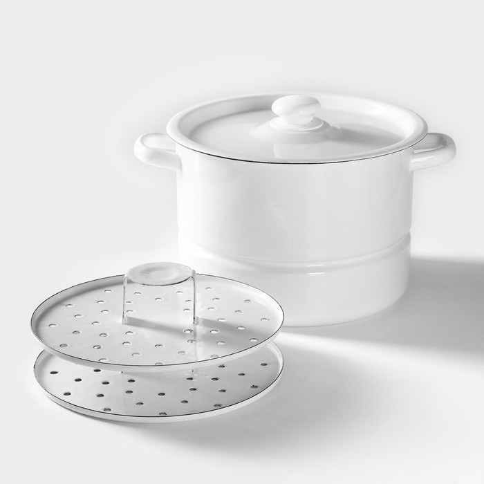 Мантоварка - позница, 7.5 л, 2 вставки, эмалированная, цилиндрическая, белая