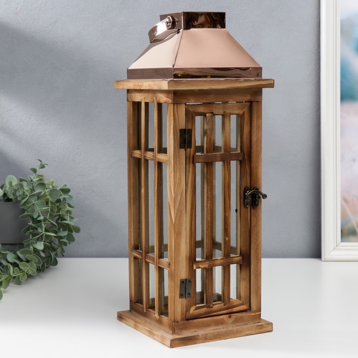 Деревянный подсвечник-фонарь на 1 свечу «Витраж», корица и медь набор 2 шт. 41.5×15.5×15.5, 58×22×22 см
