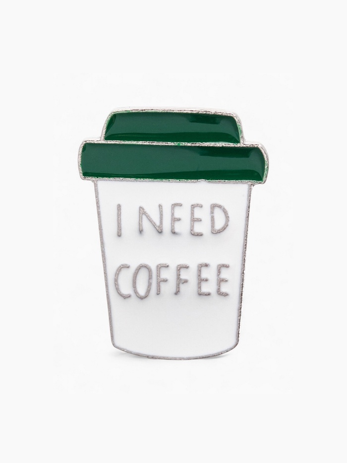 Значок «Мне нужен кофе», цвет бело-зелёный в серебре