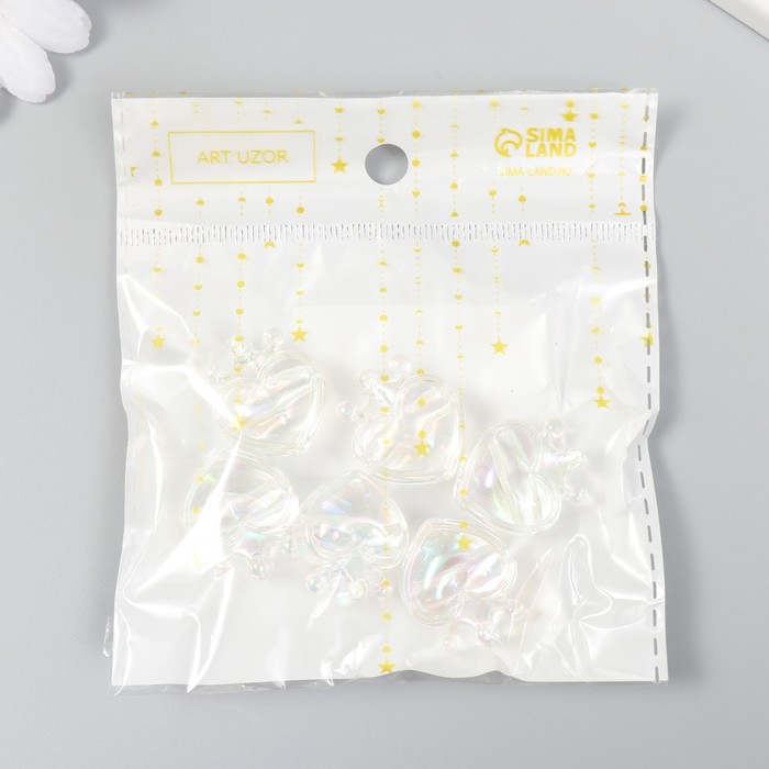 Бусина для рукоделия и плетения «Арт Узор. Сердечко с короной прозрачный перламутр», пластик, 2.1×1.4×2.5 см