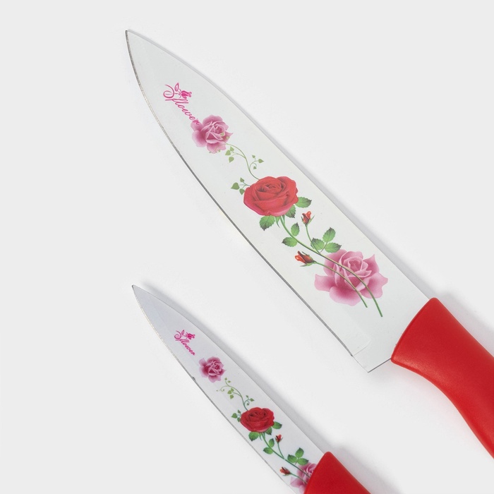 Набор кухонных принадлежностей Доляна «Нарцисс», 3 предмета: 2 ножа с антиналипающим покрытием, лезвие 12 см, овощечистка, 20×4 см, красный