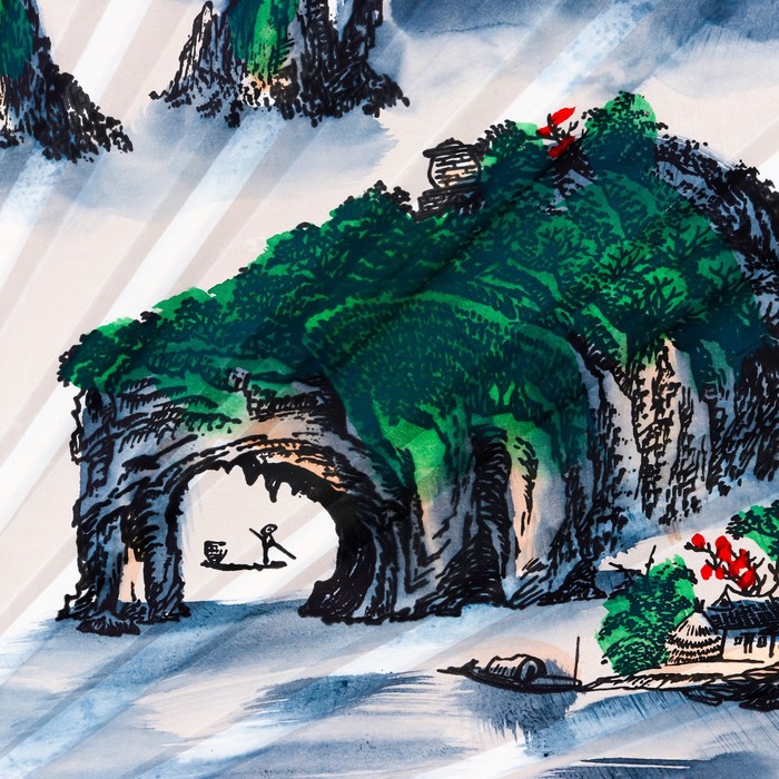 Веер большой складной «Зелёные горы», настенный декор, белый, бамбук, текстиль, h=90 см