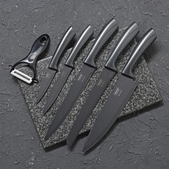 Набор кухонных принадлежностей «Гипноз», 6 предметов: ножи 5 шт., овощечистка, чёрный