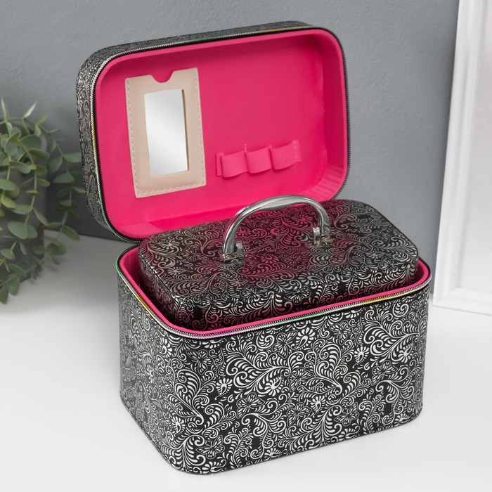 Набор шкатулок для украшений с зеркалом «Узоры бабочки», 3 шт., искусственная кожа, чёрная