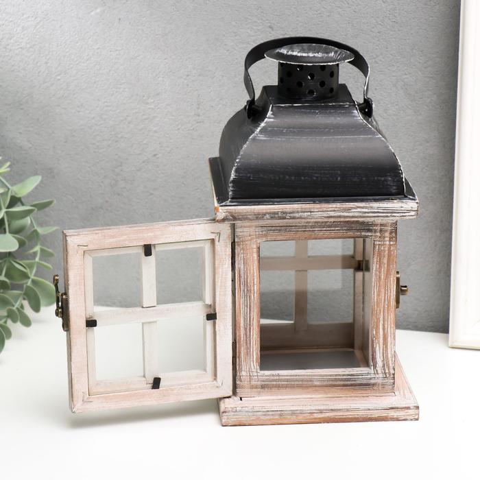 Деревянный подсвечник - фонарь на 1 свечу «Окошки», состаренный белый, 22×11.5×11.5 см