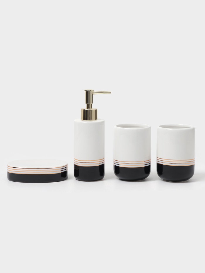 Аксессуары для ванной «Лили», 4 предмета: дозатор 300 мл, мыльница, 2 стакана, бело-чёрные