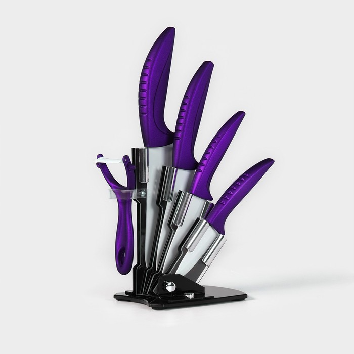 Набор кухонный «Изгиб», 5 предметов: ножи 7.5 см, 10 см, 13 см, 15 см, овощечистка, на подставке, фиолетовый