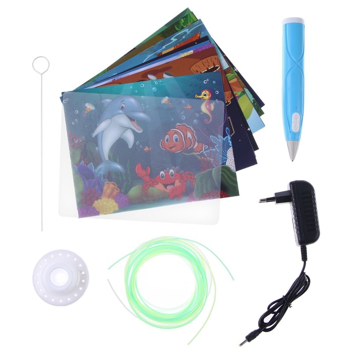 3D ручка с блоком питания, PCL пластик, светится в темноте, голубая