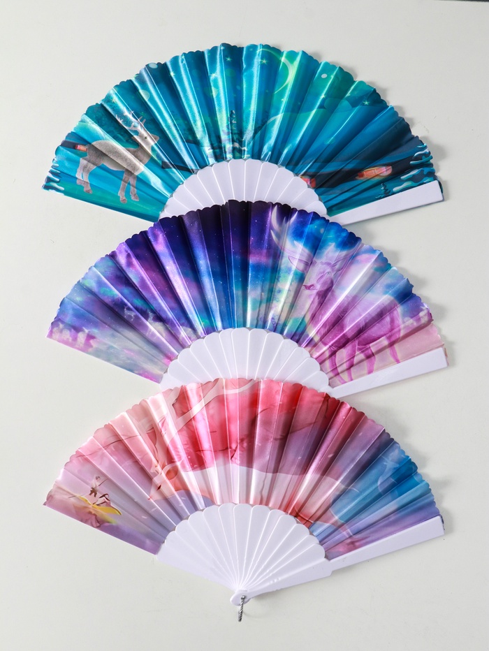 Веер складной «Олени», широкие лопасти, 23 см, МИКС