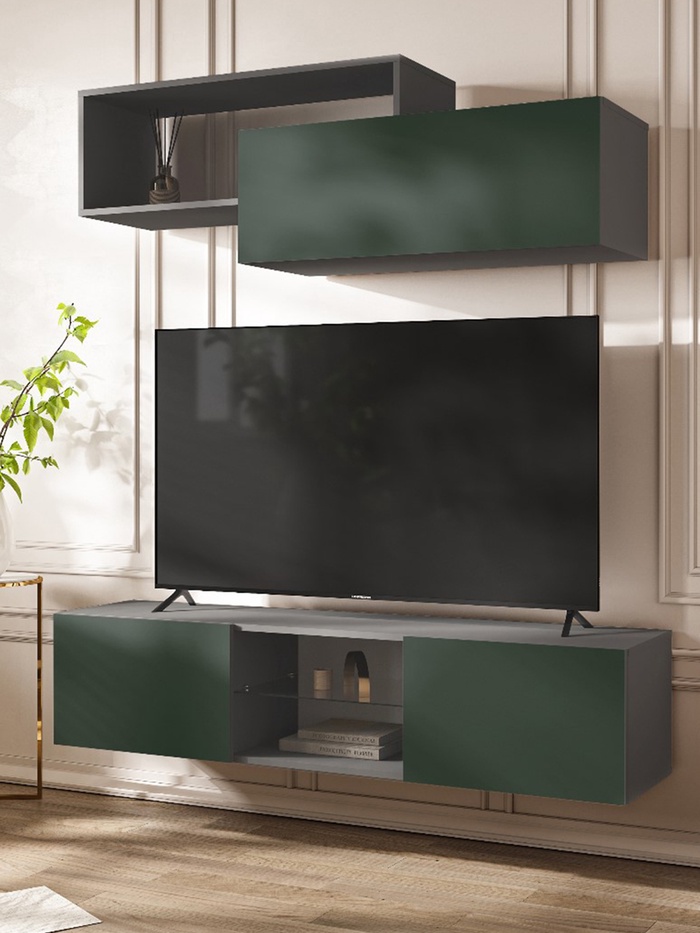 Гостиная «Норд», тумба 1500×350×330 мм, полка 1388×350×460 мм, цвет изумруд/графит