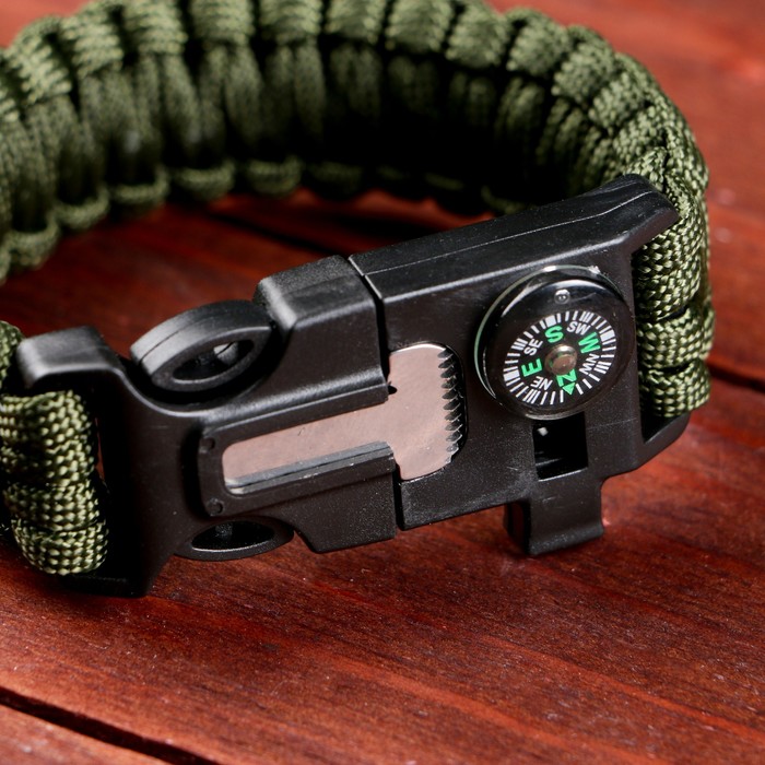 Браслет для выживания 4 в1 (паракорд, компас, свисток, огниво), 25.5×2.5 см, 3 м, тёмно-зелёный