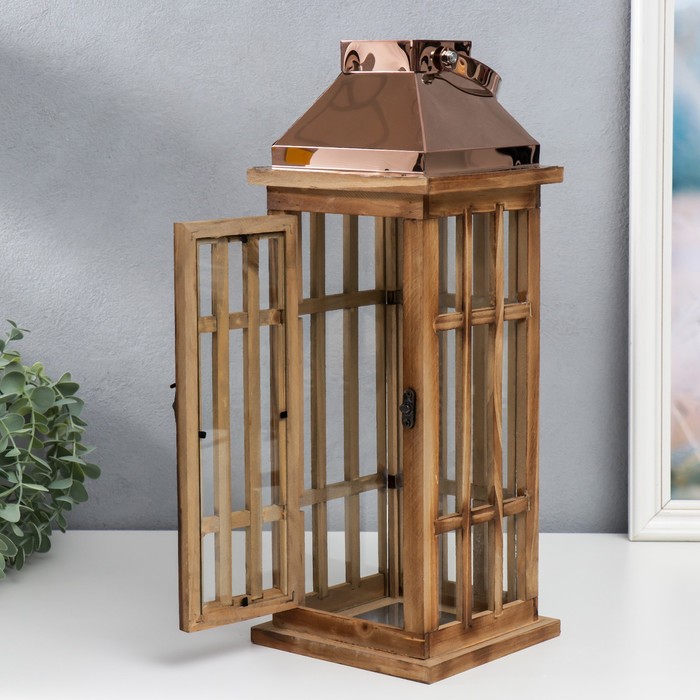 Деревянный подсвечник-фонарь на 1 свечу «Витраж», корица и медь набор 2 шт. 41.5×15.5×15.5, 58×22×22 см