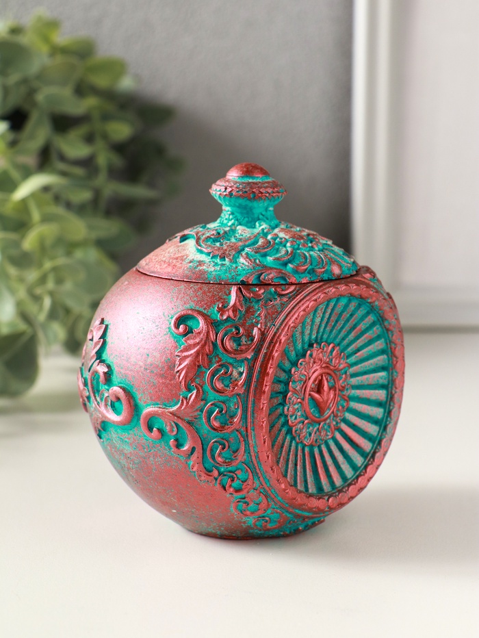 Шкатулка для украшений с крышкой «Флоренция», 10×9 см, гипс, окисленная медь