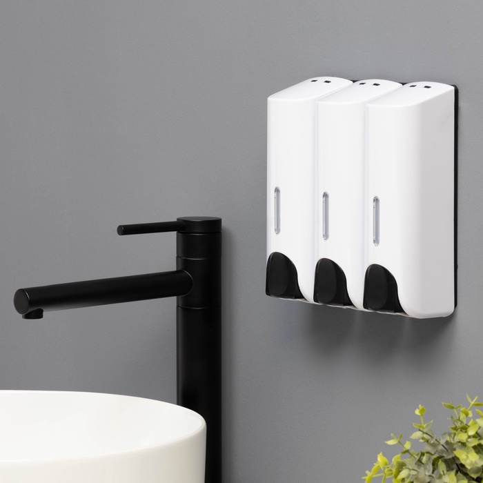 Диспенсер для мыла SAVANNA, механический, 3 отсека по 350 мл, шампунь, кондиционер, гель, белый