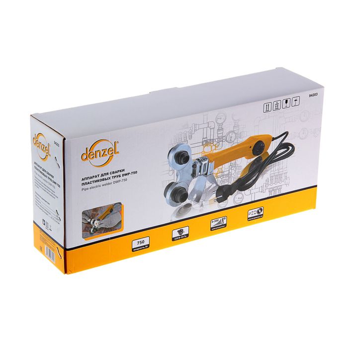 Аппарат для сварки пластиковых труб Denzel DWP-750, 750 Вт, 260-300°, комплект насадок