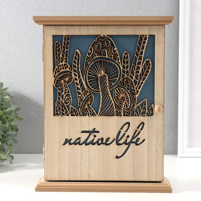 Ключница настенная «Грибы», дерево, 6 крючков, бежево-синяя, 6.2×19.5×25.2 см