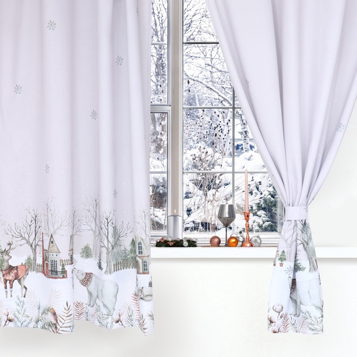 Комплект штор для кухни с подхватами «Этель. Звери в городе», 2 шт., белые, 145×180 см