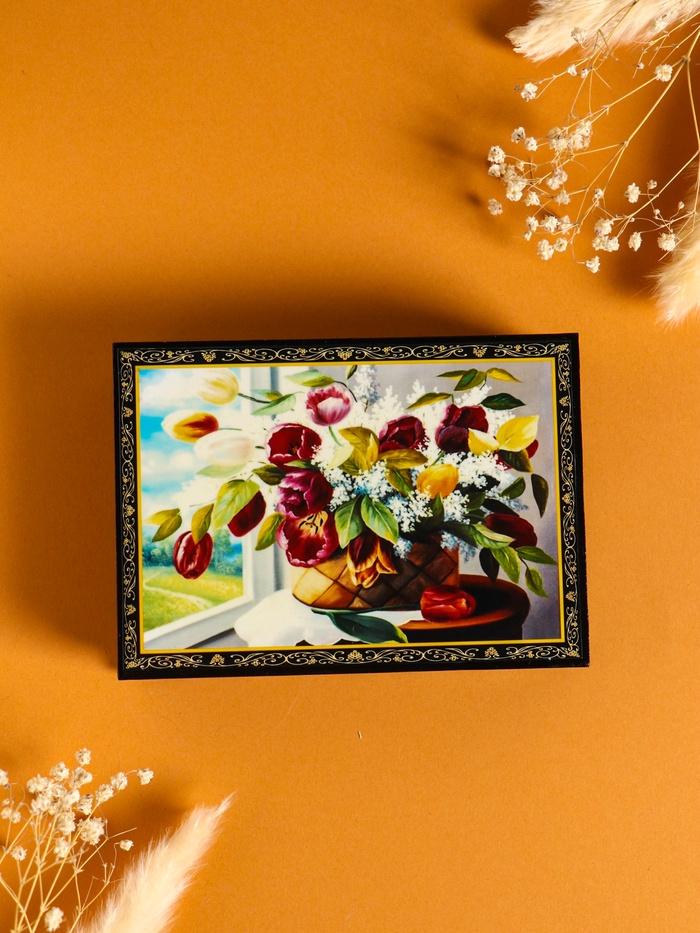 Шкатулка для украшений «Цветы в корзине», 10×14 см, лаковая миниатюра