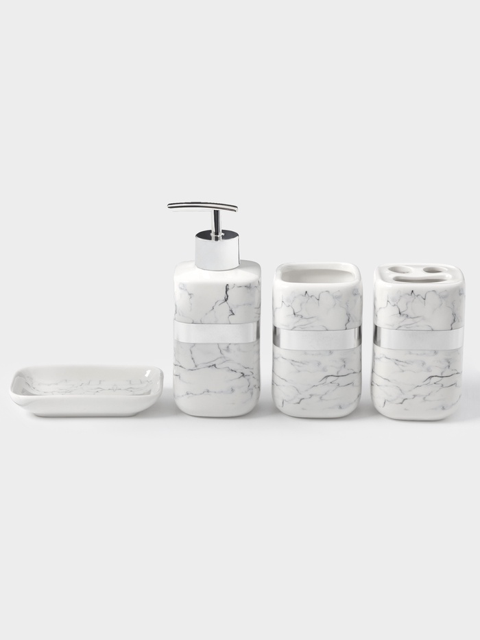 Аксессуары для ванной «Вестерос», 4 предмета, мыльница, дозатор для мыла 390 мл, 2 стакана, белые