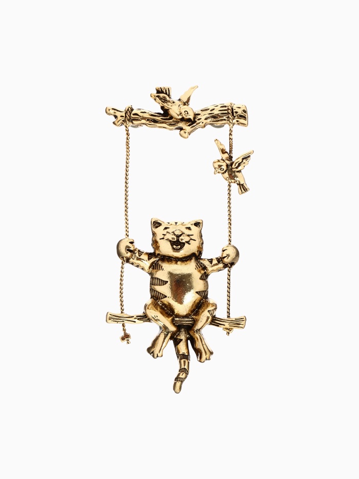 Брошь «Кот на качелях», цвет чернёное золото