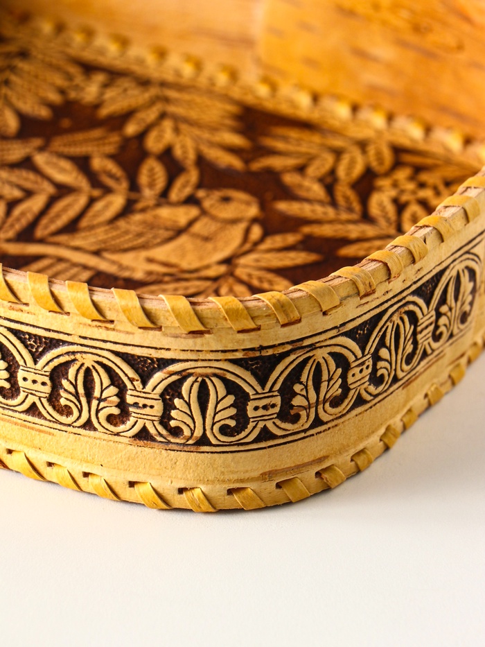 Сухарница прямоугольная «Птички», 24.5×17.5×4.5 см, береста