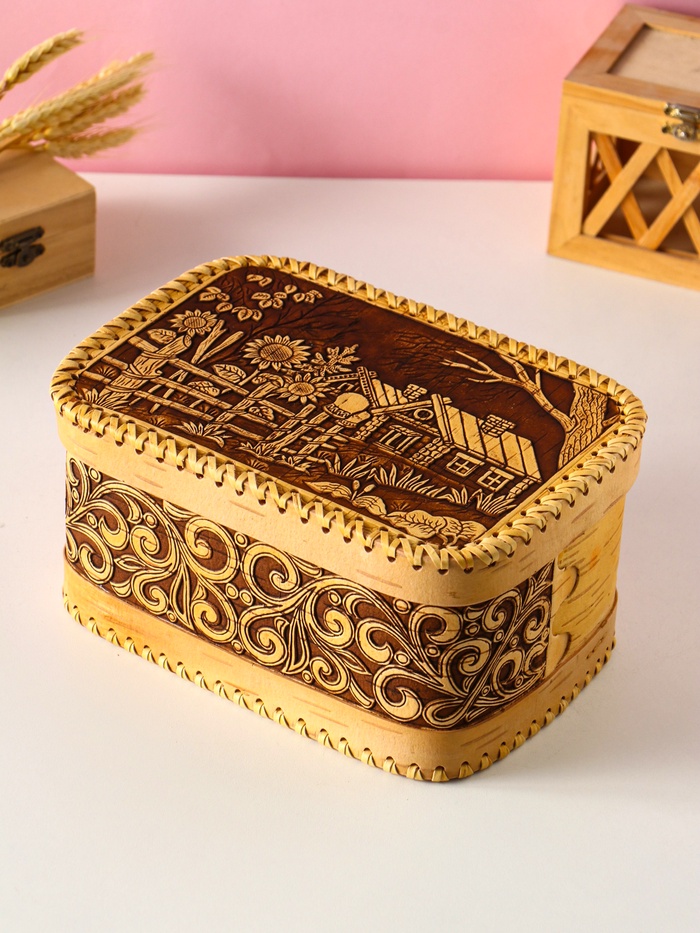 Хлебница - батонница с крышкой «Деревенька», 23×16×11 см, береста