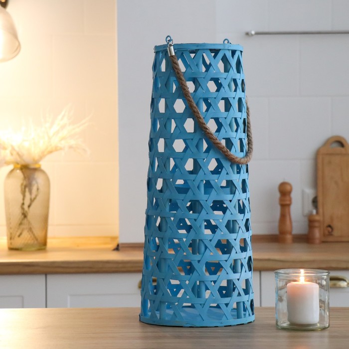 Деревянный подсвечник - фонарь на 1 свечу «Фонарик. Звёздное плетение», голубой, 51×16×16 см
