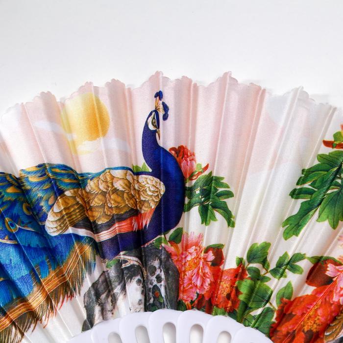 Веер складной «Павлин и цветы», изгиб, 23 см, МИКС