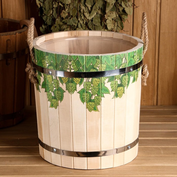 Запарник - ведро для бани и сауны «Хмельные косы», 13 л, липа, пластиковая вставка, «Добропаровъ»