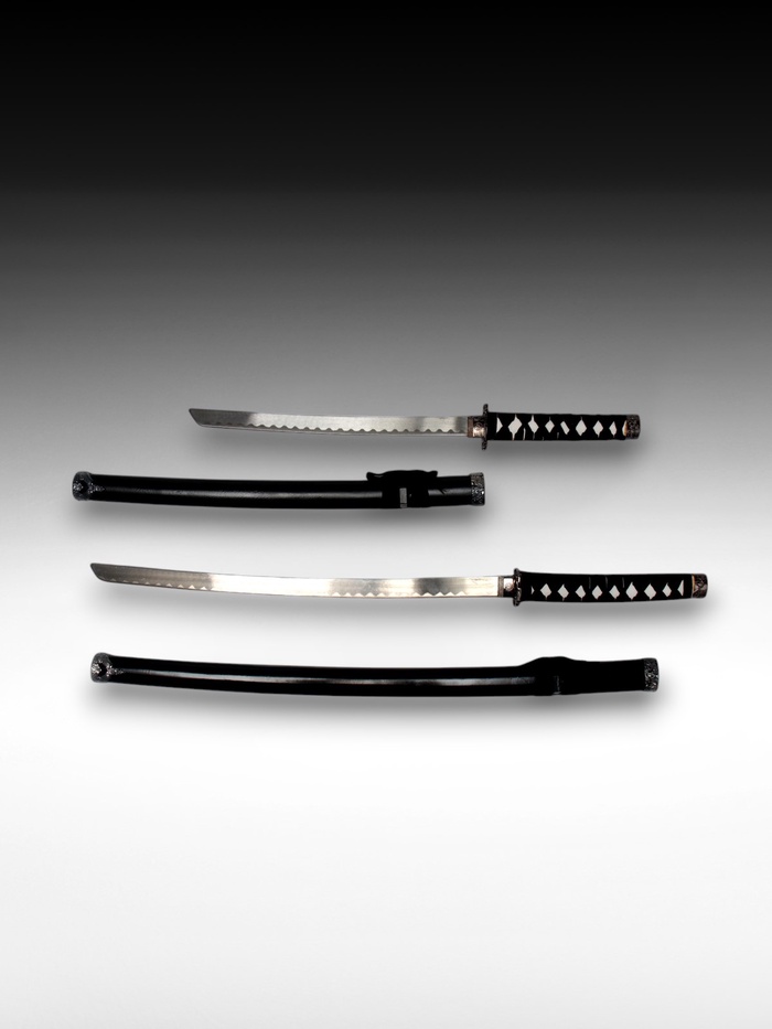 Макет оружия «Сувенирные катаны на подставке 2в1. Чёрный глянец», подарочный набор, ножны дерево, 78 см; 103 см