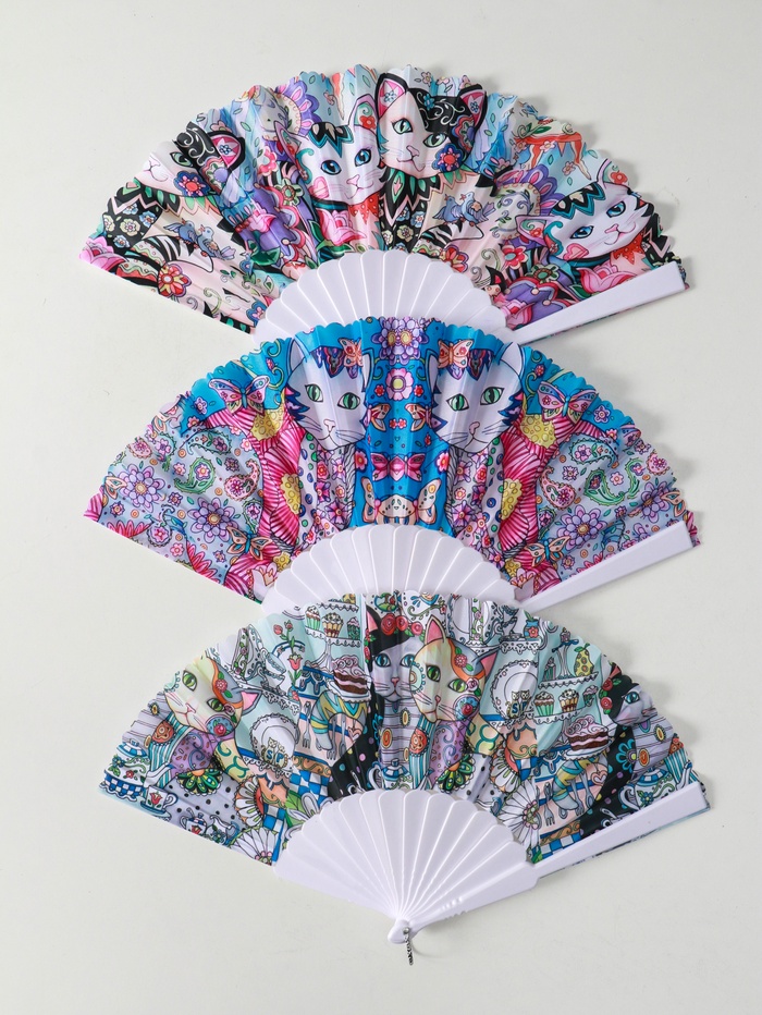 Веер складной «Котики. Цветочная абстракция», широкие лопасти, 23 см, МИКС