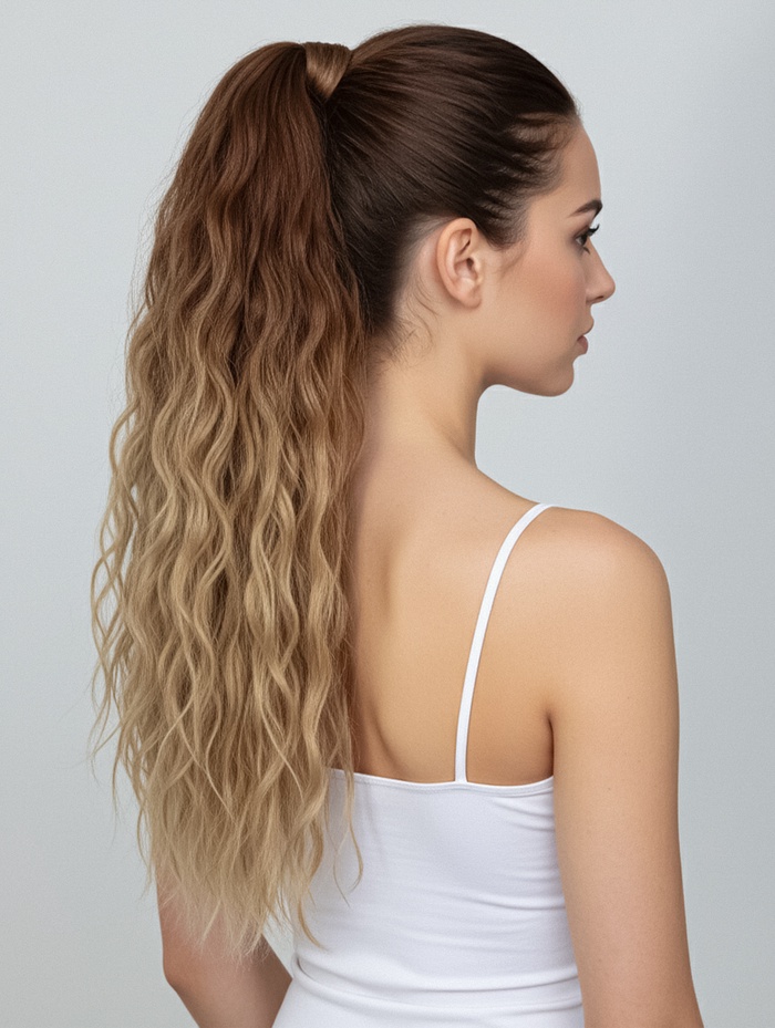 Хвост накладной, волнистый волос, на резинке, 60 см, 100 г, блонд, каштановый(#SHT12C/SHT85)