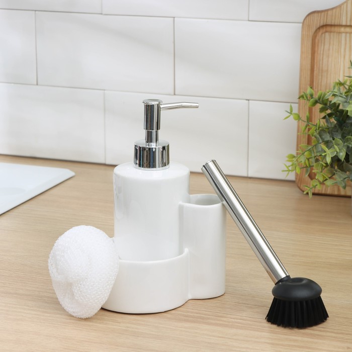 Дозатор для моющего средства Доляна «Милитари», 370 мл, с губкой и щёткой, белый