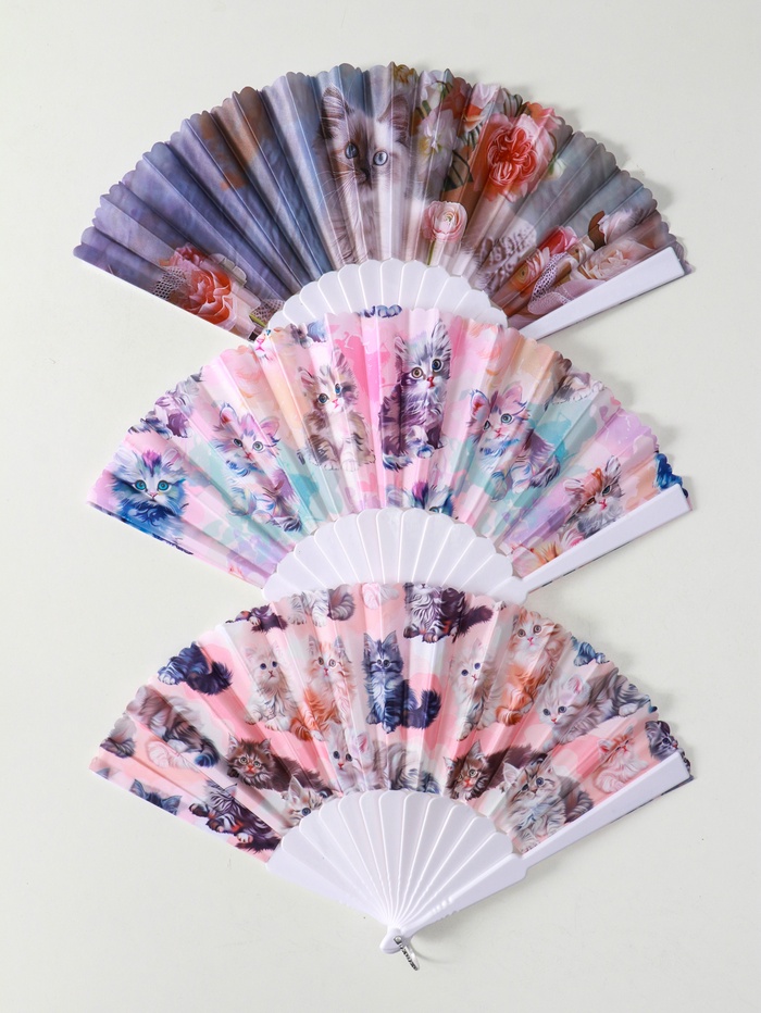 Веер складной «Кошечки и цветы», широкие лопасти, 23 см, МИКС