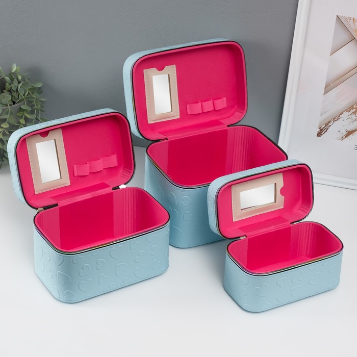 Набор шкатулок для украшений с зеркалом «Сердца», 3 шт., искусственная кожа, св. голубая