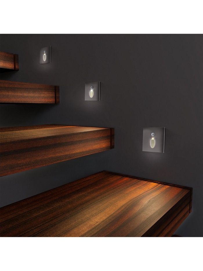 Встраиваемый светильник для лестницы NL-38, с датчиком движения, 1.5 Вт, 60 Лм, 3000К, серебристый, свечение тёплое белое