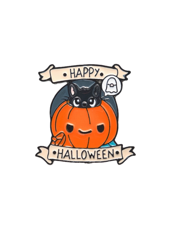 Значок «Котёнок» в тыкве, цветной в чёрном металле