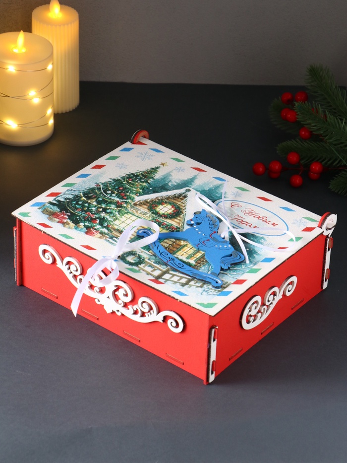 Деревянная шкатулка подарочная «С Новым Годом», упаковка с фигуркой, 24×20×9 см