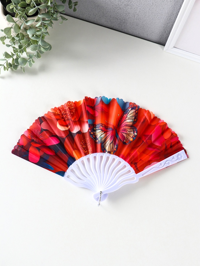 Веер складной «Бабочки и цветы», 23 см, МИКС