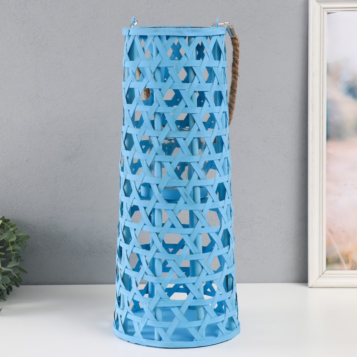 Деревянный подсвечник - фонарь на 1 свечу «Фонарик. Звёздное плетение», голубой, 51×16×16 см