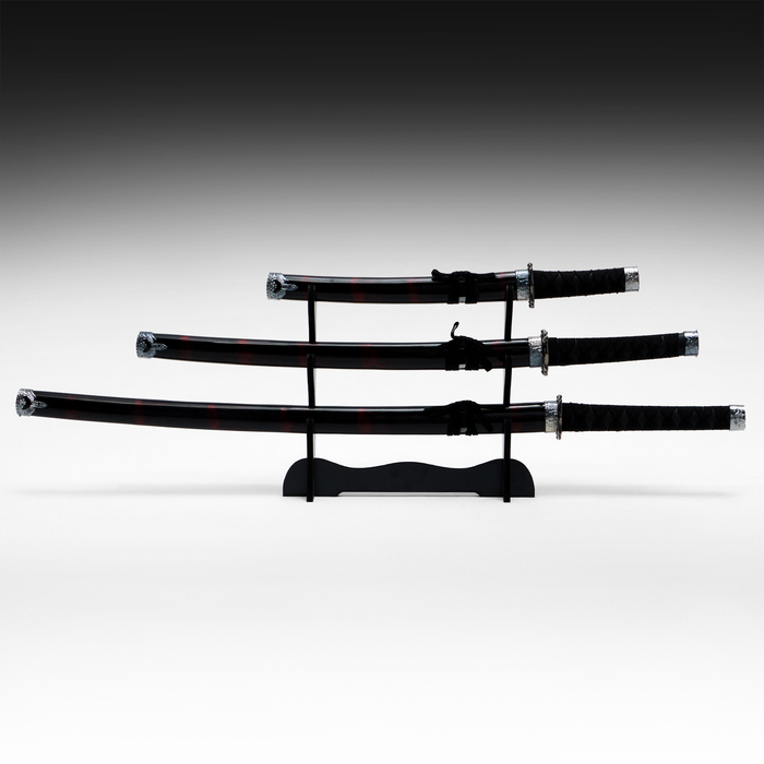 Макет оружия «Сувенирные катаны на подставке 3в1. Чёрный с дымкой», подарочный набор, ножны дерево, бордо глянец, 51 см; 77 см; 100 см