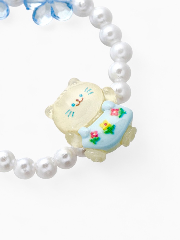 Браслет детский «Выбражулька. Котик, цветы и жемчуг», d=6 см, белый, голубой