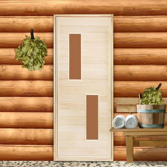 Дверь для бани и сауны «Два стекла», коробка 170×70 см, деревянная