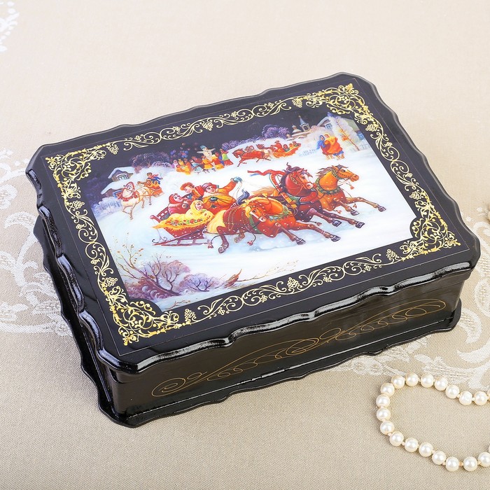 Шкатулка для украшений «Гонки на лошадях», 17×23×6 см, лаковая миниатюра